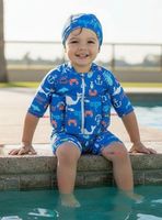 Traje de Baño Flotador Enterito Con Gorro para Niño 2 Piezas 9 a 36 Meses Blue Sea
