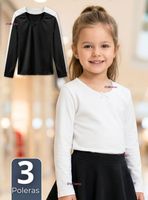 Pack 3 Camisetas Poleras Algodón Cuello Redondo Primera Capa Manga Larga de Colores Surtidos Niñas