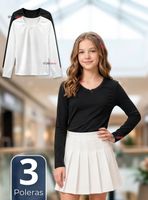 Pack 3 Camiseta Polera Algodón Cuello Redondo Primera Capa Manga Larga Colores Surtidos Niña Juvenil