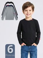 Pack 6 Poleras Camisetas Polar Primera Capa Cuello Redondo Manga Larga Colores Surtido Niños