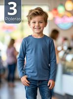 Pack 3 Poleras Camisetas Bambú Azul Claro Cuello Redondo Primera Capa Manga Larga Niño