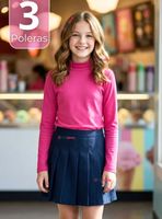 Pack 3 Polera Camiseta Polar Fucsia Primera Capa Cuello Beatle Manga Larga Niña