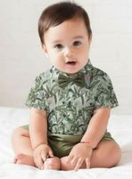 Conjunto de Vestir Camisa Estampada Con Lazo Verde Y Pantalón Corto Algodón Bebé