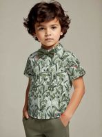 Conjunto de Vestir Camisa Estampada Con Lazo Verde Y Pantalón Corto Algodón Niño