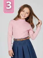Pack 3 Poleras Camisetas Bambú Rosada Cuello Beatle Primera Capa Manga Larga Niñas