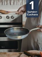 Sartén de Acero Inoxidable Antiadherente 28cm +Cuchara de Madera de Bambú