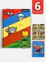 Pack 6 Cuadernos Universitario Marvel Heroes Kawaii de 150 Hojas Tapa Gruesa Proarte Diseño Surtido
