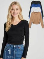 Camiseta Polar Polera Cuello V Mujer Manga Larga Tela Acanalada Color Surtidos