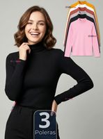 Pack 3 Camiseta Polera Polar Primera Capa Acanalada Cuello Beatle Manga Larga Color Surtidos Mujer