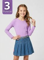 Pack 3 Camisetas Poleras Bambú Cuello Redondo Lila Primera Capa Mangas Largas Niñas