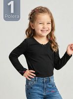 Camiseta Polera Algodón Cuello Redondo Negra Primera Capa Manga Larga para Niñas