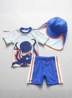 Traje de Baño Con Gorro Pantalón Corto Manga Corta 3 Piezas para Niños 1 a 5 años Blue Octopus