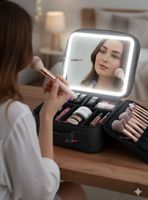 Estuche Maquillaje 2 en 1 Bolso Cosmetiquero Espejo Con Luz Led Organizador Color Negro