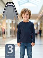 Pack 3 Poleras Camisetas Polar Primera Capa Cuello Redondo Manga Larga Colores Surtido Niño