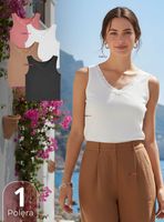 Camiseta Polera Sin Mangas Tela Acanalada Algodón Cuello en V Mujer Colores Surtidos