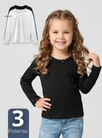 Pack 3 Camisetas Poleras Algodón Cuello Redondo Primera Capa Manga Larga Color Surtidos Niñas