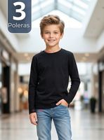Pack 3 Poleras Camisetas Bambú Negra Cuello Redondo Primera Capa Manga Largas Niños