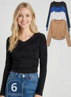 Pack 6 Camisetas Polar Polera Cuello V Mujer Manga Larga Tela Acanalada de Colores Surtidos