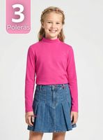 Pack 3 Polera Camiseta Polar Fucsia Primera Capa Cuello Beatle Mangas Largas Niña