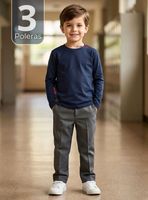 Pack 3 Polera Camiseta Polar Color Azul Primera Capa Escolar Cuello Redondo Manga Larga Niño