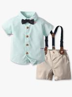 Conjunto de Vestir con Tirantes Camisa verde Pantalón Corto Algodón Bebe y niño