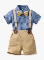 Conjunto de Vestir con Tirantes Camisa Azul Pantalón Corto Beige Algodón Bebe y Niño