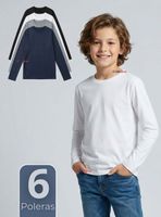 Pack 6 Poleras Camisetas Polar Primera Capa Cuello Redondo Manga Larga de Colores Surtidos Niños