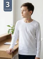 Pack 3 Camisetas Algodón Manga Larga Polera Primera Capa Color Blanco Niños