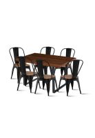 Comedor Industrial 140x90 Oscura + 6 Sillas Tolix Negras con Asiento de Madera Oscura Walnut