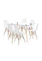 Comedor Mesa de Vidrio Rectangular 120x80 + 6 Sillas Eames Blancas