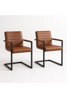 Pack de 2 Sillas Industriales de Cuero Sintético Marrón con Base Metálica – Café