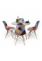 Comedor Mesa Eames Vidrio 80cm + 4 Sillas Eames Patchwork Tr