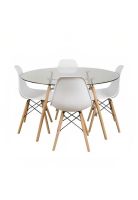 Comedor Mesa Eames Vidrio 100cm + 4 Sillas Eames Blancas