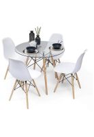 Comedor Mesa Eames Vidrio 80cm + 4 Sillas Eames Blancas
