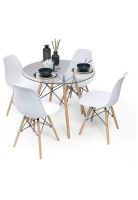 Comedor Mesa Eames Vidrio 80cm + 4 Sillas Eames Blancas