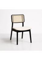 Silla de Comedor con Respaldo de Ratán y Asiento Tapizado - Beige