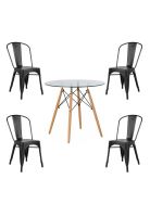 COMEDOR MESA REDONDA VIDRIO 80CM + 4 SILLAS TOLIX NEGRAS