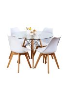 Comedor Mesa Eames Vidrio 100 cm + 4 Sillas Tulip Blancas