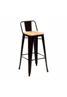 Taburete Tolix Negro Alto con Respaldo para bar o terraza - Asiento de madera Clara