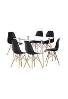 Comedor Mesa de Vidrio Rectangular 120x80 + 6 Sillas Eames Negras