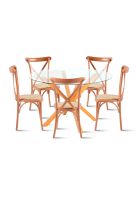 Comedor redonda de vidrio Cross 120cm + 5 Sillas Crossback Madera