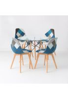 Comedor Mesa Eames Redonda vidrio 80cm + 4 Sillas Eames Patchwork Tela Wood Celeste
