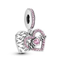 Dije en Plata Corazón y Mamá con Circonia Cúbica Rosa