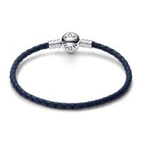 Brazalete de Cuero Trenzado azul con Broche Redondo en Plata