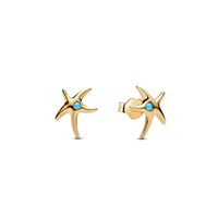 Aretes de Botón Estrella de Mar Recubrimiento  Oro14k con Cristal Azul