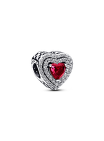Charm Plata Corazon Nivelado Rojo y Cristal Rojo Cereza