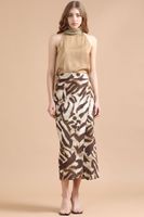 Falda Midi Con Lino, Animal Print, Café Liola