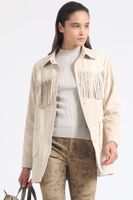 Chaqueta Larga Flecos Efecto Gamuza, Beige Liola