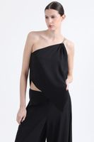 Top Asimetrico, Gasa Doble, Aplicación Strass, Negro Liola