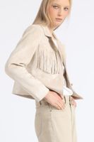 Chaqueta Cropped Efecto Gamuza, Flecos, Beige Liola